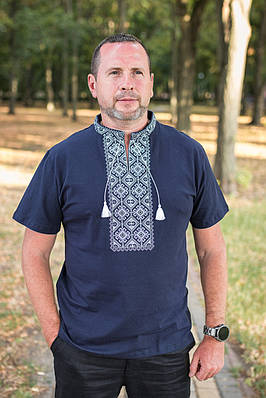 Чоловіча футболка-вишиванка великого розміру Kosar, бавовна, натуральна вишивка,XXXL,Темно-синій з сірим