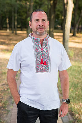 Чоловіча футболка-вишиванка Kosar великого розміру, бавовна, натуральна вишивкаXXXL,Білий з червоним