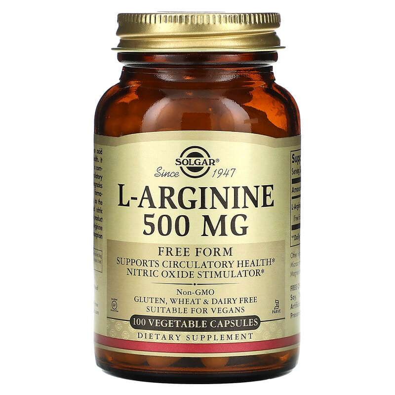 Аргінін, L-Arginine, Solgar, вільна форма, 500 мг, 100 вегетаріанських капсул, фото 1