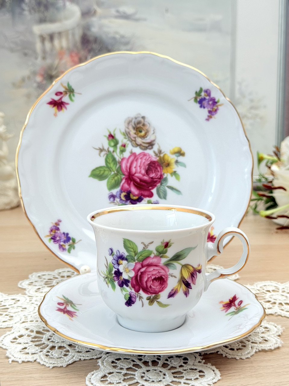 Вінтажна німецька чайна трійка, чайна чашка, блюдце, тарілка, Winterling Porzellan, Німеччина