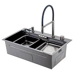 GS 7547-19 мийка PROFI 750*470 змішувач+сифон+ коланд.+дозатор+омивач склянк. (збройва сталь) {1/1}