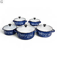 Набір емальованих каструль 5 штук зі скляною кришкою Benson BN-079 Синій