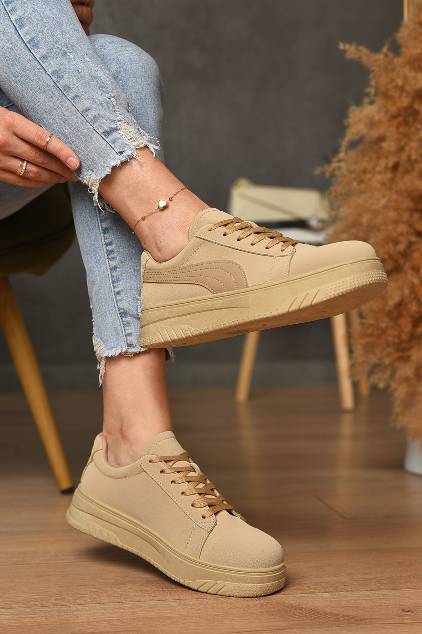 Кросівки жіночі бежевого кольору на шнурівці 177029T Безкоштовна доставка, фото 1