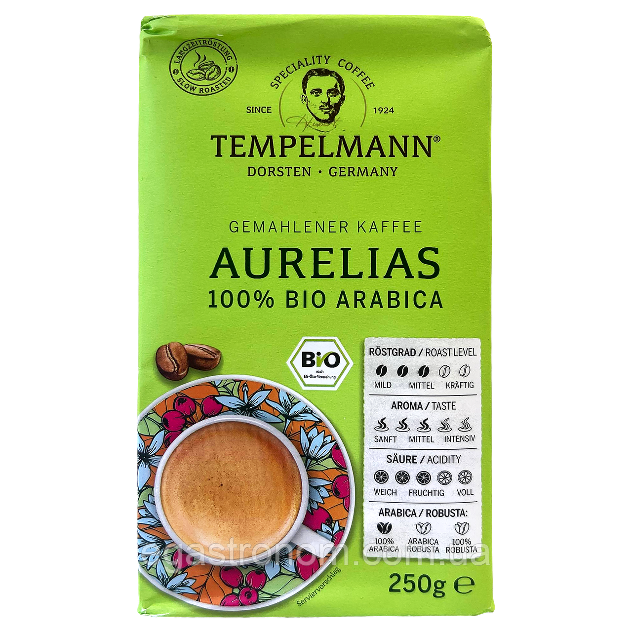 Кава аурелія біо (мелена) Темпелманн Tempelmann aurelias bio 250g 12шт/ящ (Код: 00-00018020), фото 1
