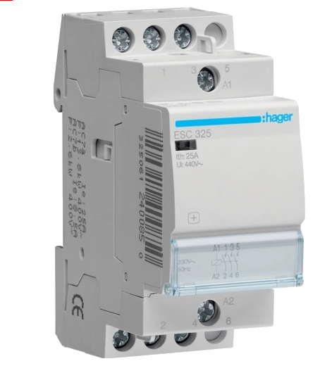 Контактор Hager, магнітний пускач ESC325, 230/25А, 3НВ, 2 модулі (керуючі контакти 230В), фото 1