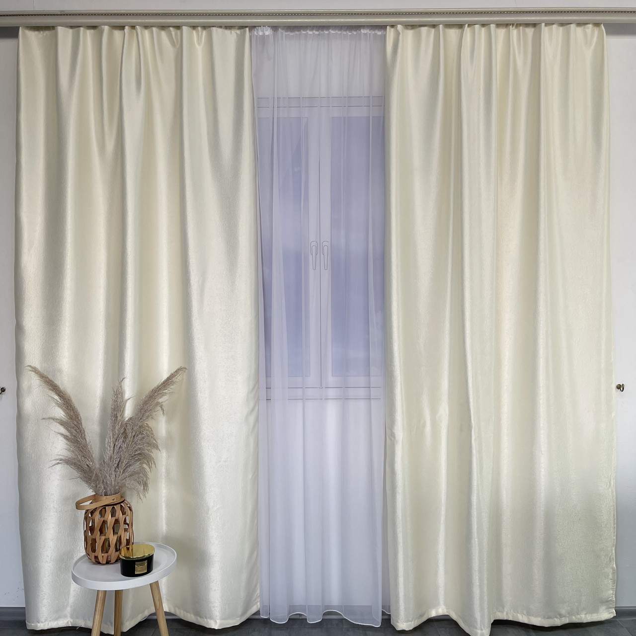 Штори софт-велюр блекаут молочні з білим шифоновим тюлем ALBO (SHTN-250-8), фото 1
