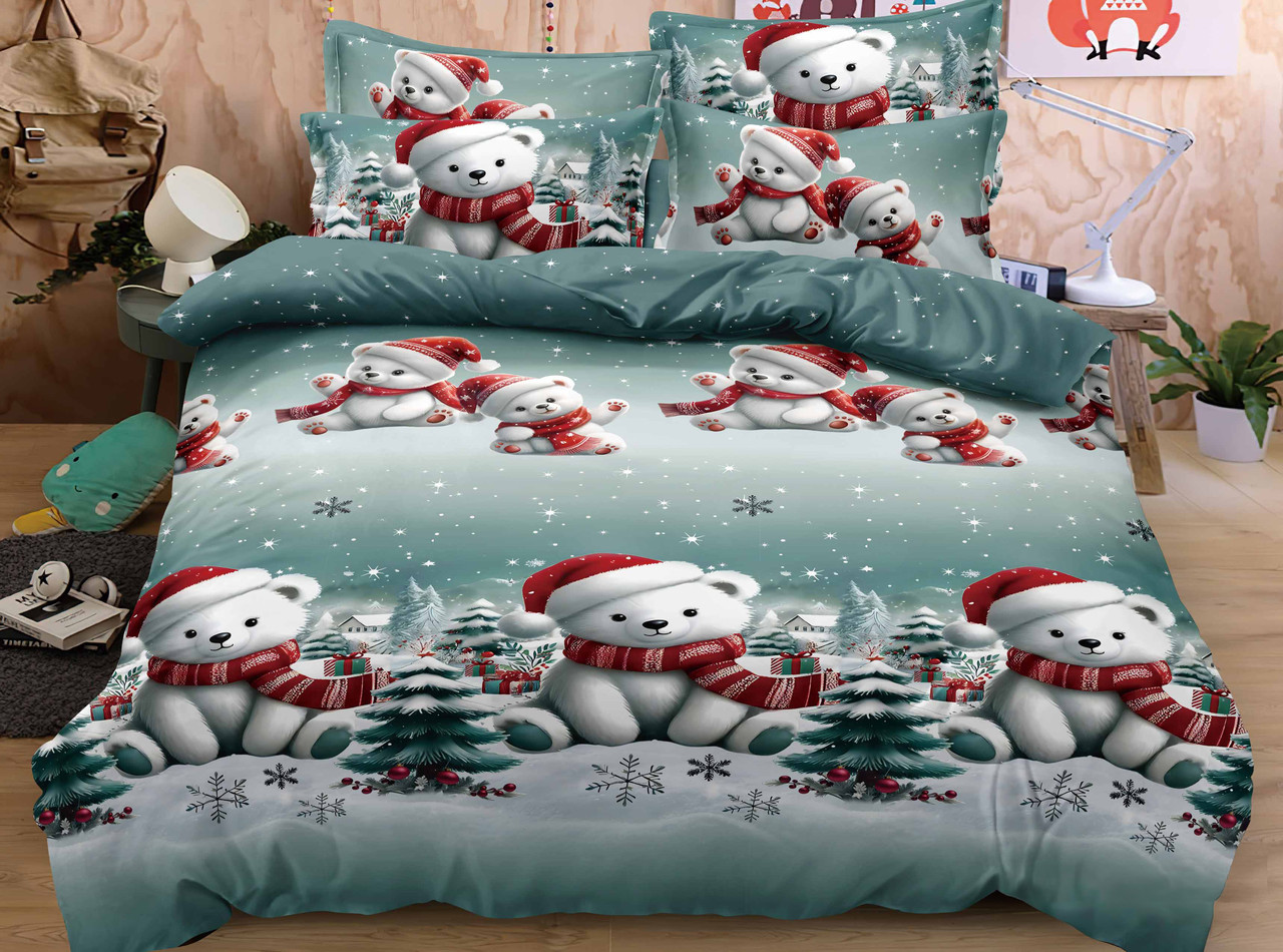 Постільна білизна Королева Ночі (Фланель) | Полуторний комплект | 50х70 | Новорічні ведмедики на бірюзовому, фото 1