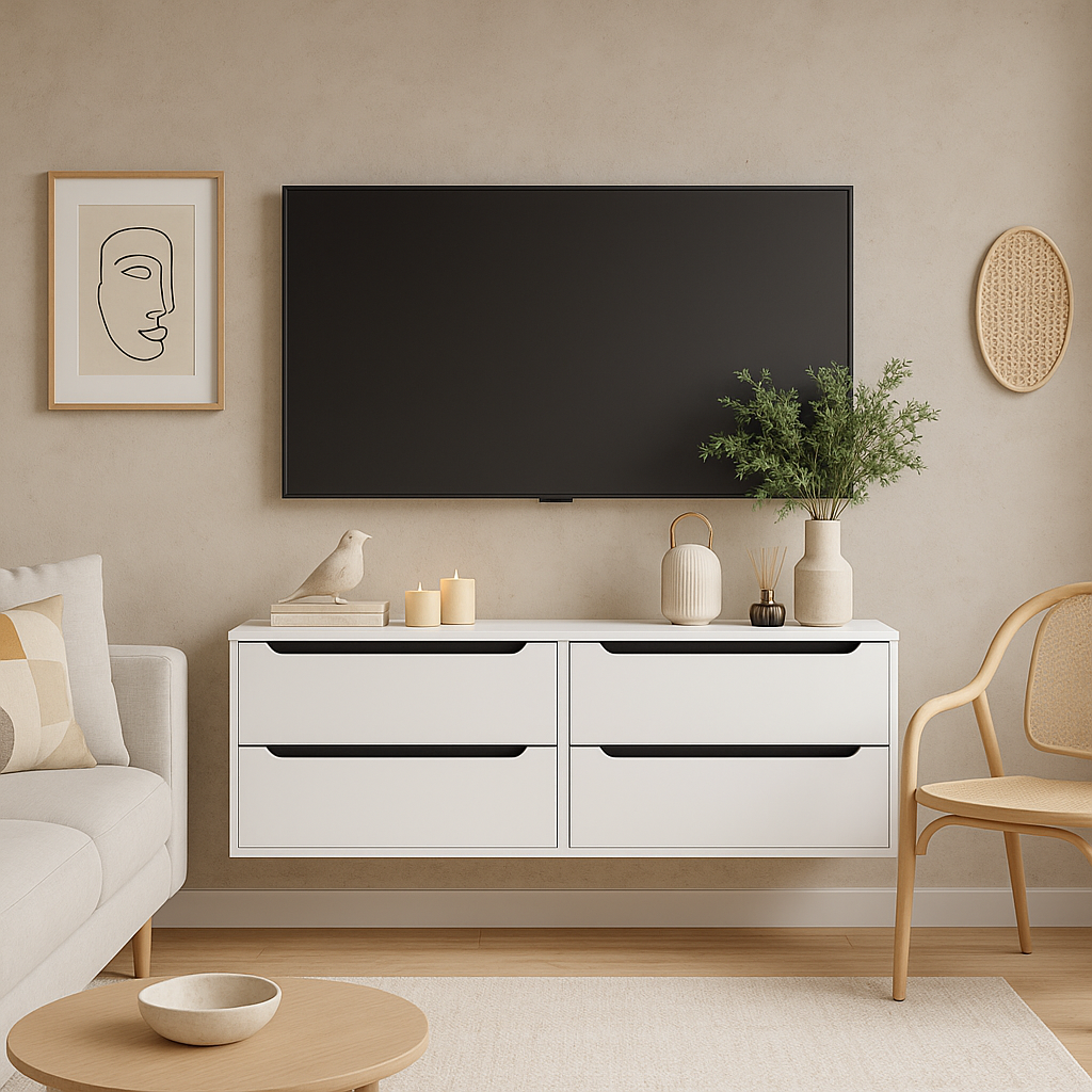 Стильна паряща навісна тумба під телевізор тв біла 120 см з шухлядами у вітальню зал ТН-3 Київський Стандарт, фото 1