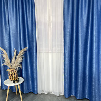 Штори софт-велюр блекаут сині з білим шифоновим тюлем ALBO (SHTN-250-16)