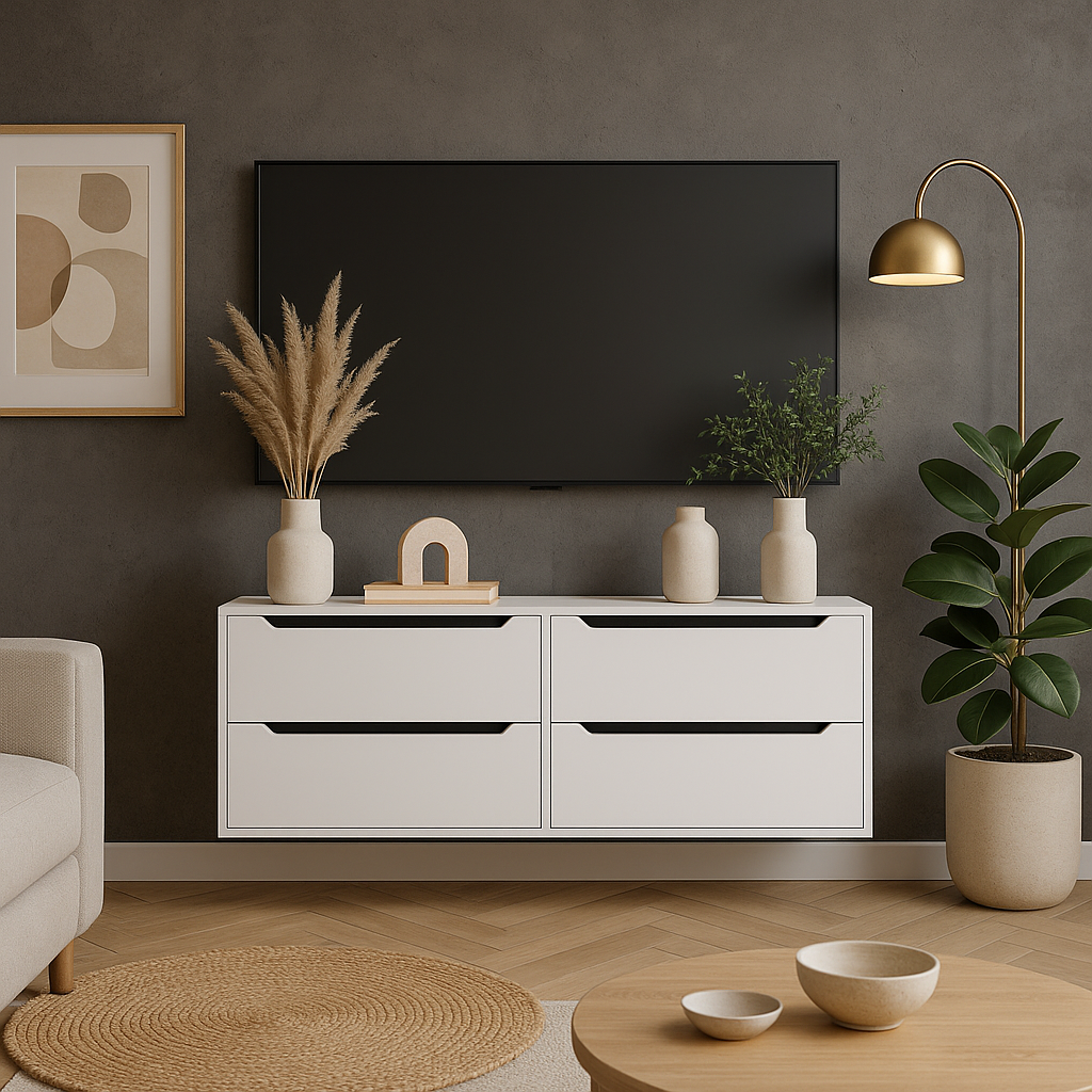 Сучасна біла паряща тумба під телевізор тв підвісна 120 см з шухлядами у вітальню ТН-3 Київський Стандарт