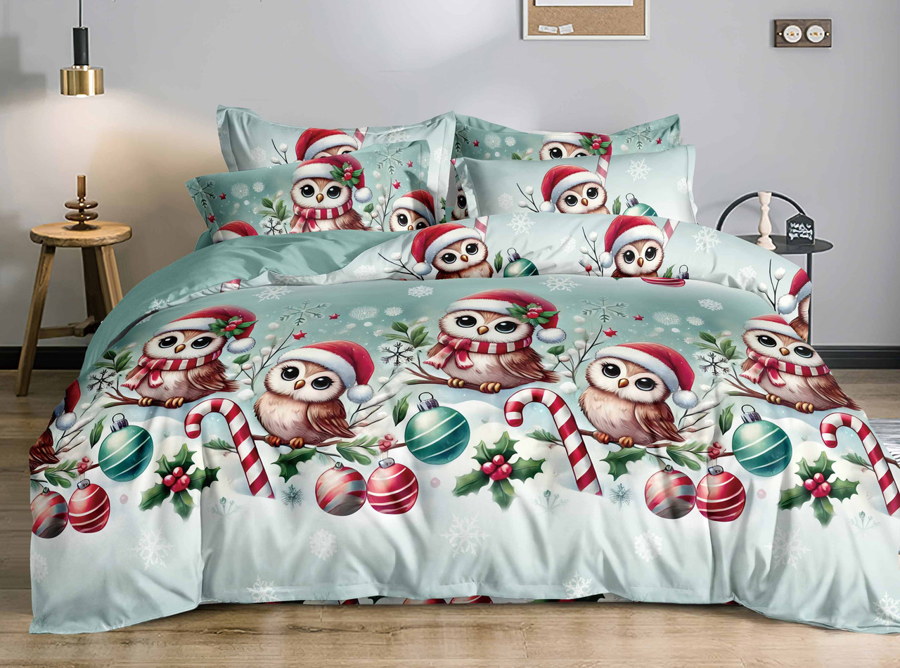 Постільна білизна Королева Ночі (Фланель) | Полуторний комплект | 50х70 | Новорічні сови на бірюзовому, фото 1