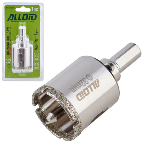 Alloid. Свердло корончасте алмазне для скла та кераміки 32 мм з центрувальним свердлом, фото 1