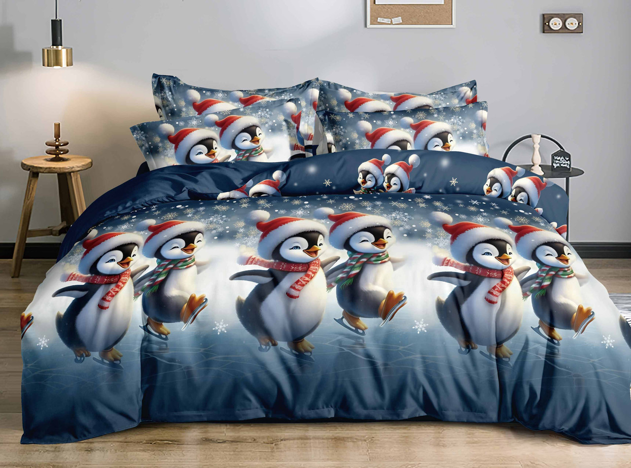 Постільна білизна Королева Ночі (Фланель) | Полуторний комплект | 50х70 | Новорічні пінгвіни на синьому, фото 1