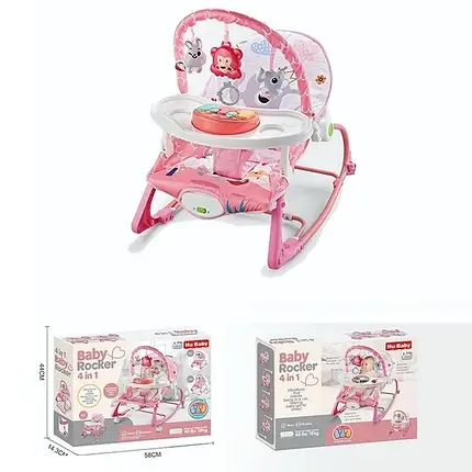 Шезлонг дитячий (4в1, мелодії, вібрація, дуга з підвісками, ноти, знімне піаніно, на батарейках) 69870 B, фото 2