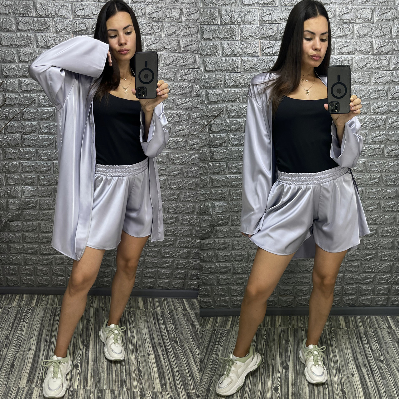 Сірий атласний костюм кімоно і шорти,РОЗМІР ТІЛЬКИ 44, фото 1