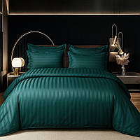 Постільна білизна Страйп Сатин Primavara двоспальний розмір з простирадлом на резинці (темно зелена)