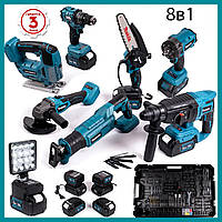 Makita Power Set 8in1 36V аккумуляторный комплект: дрель, УШМ,-гайковерт, перфоратор, пила, лобзик, сабельная, светильник