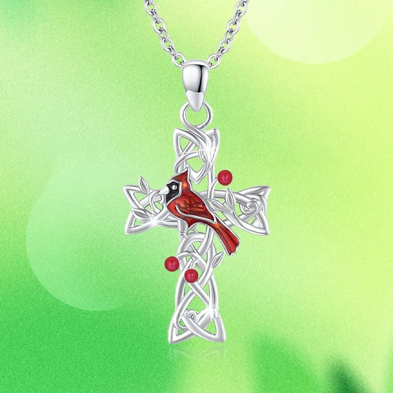 Сріблястий кулон на ланцюжку хрестик з кельтськими вузлами та птахом Червоний кардинал 1.2 см 45+5 см LuxAurum402, фото 1
