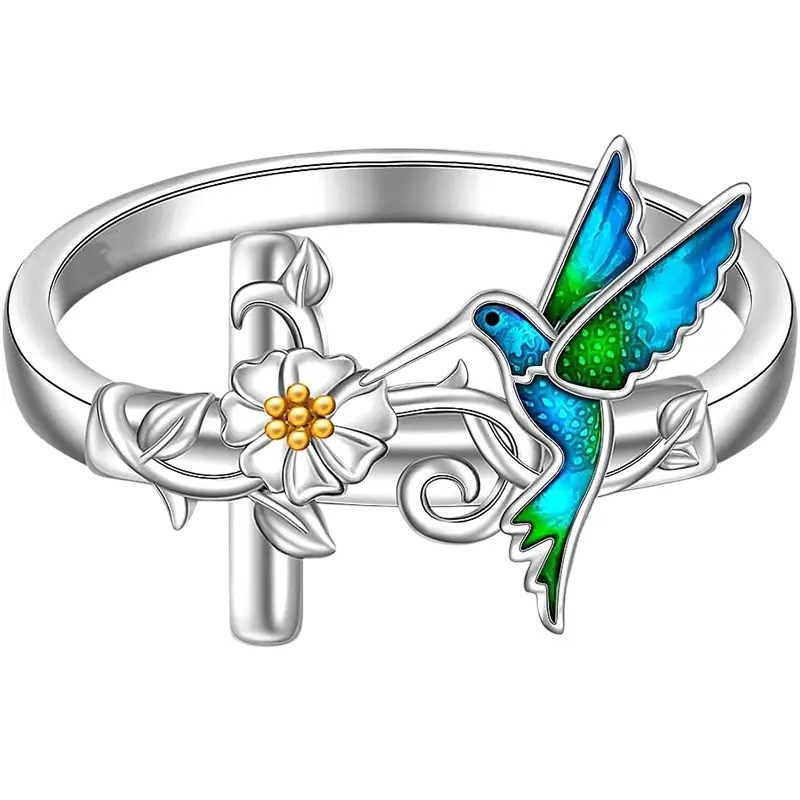 Сріблясте жіноче кільце з дизайном синьої колібрі та квітки розмір 19 LuxAurum403, фото 1