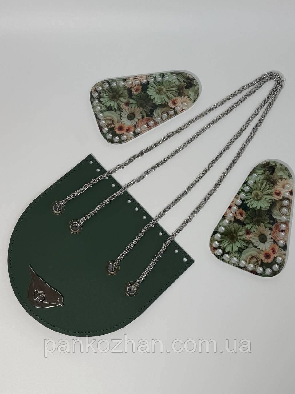 Набір шкіряної фурнітури для сумки МК 10.0, колір зелений, замок пташка, принт зелені квіти, фото 1
