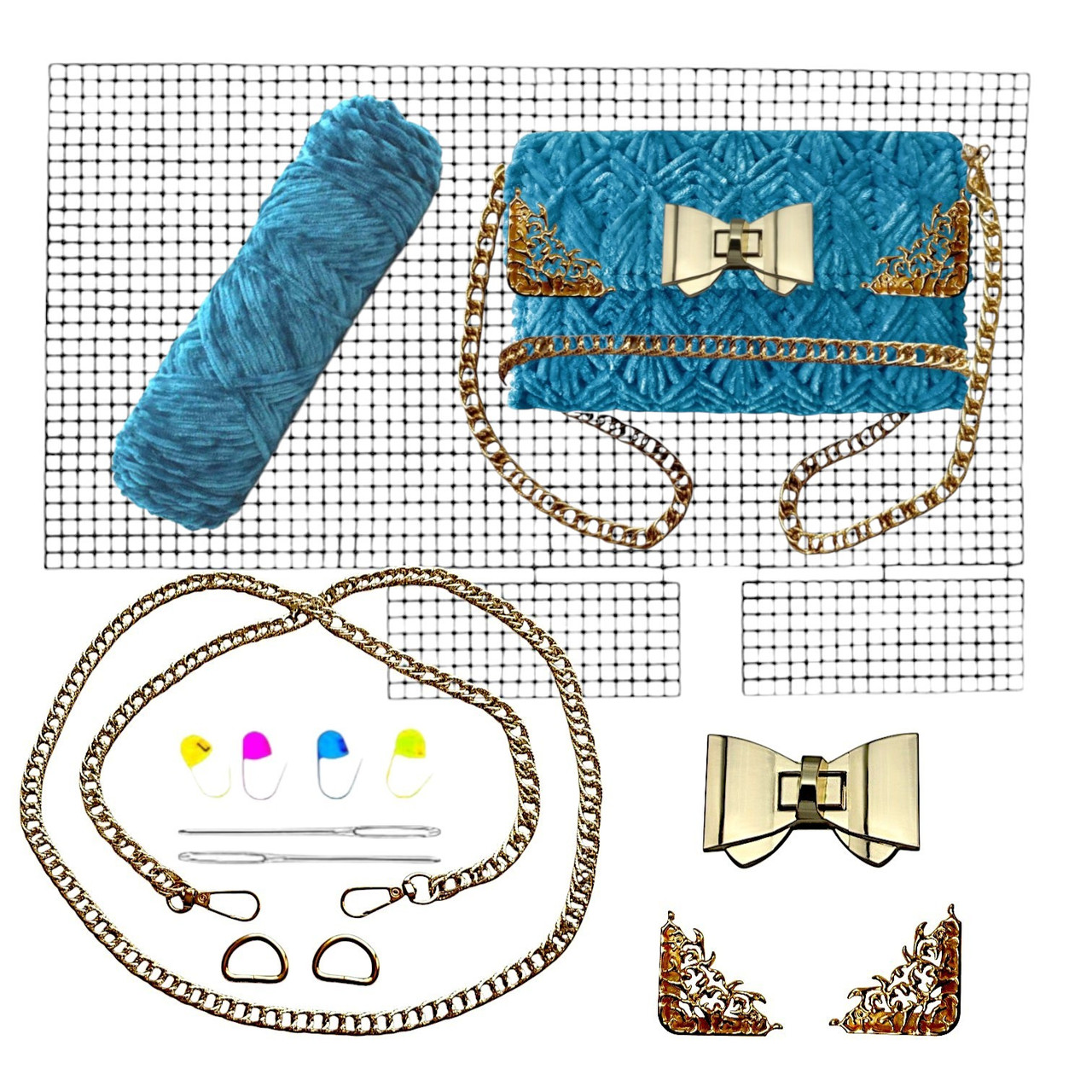 Канва+Замок Бантік+ Нитки бірюзові+Куточки для клапана №1 + Ручка-ланцюжок колір золото Набір для сумки з канви, фото 1