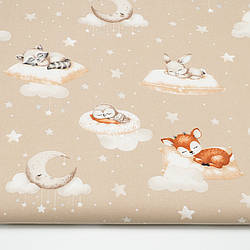 Бязь "Сплячі звірі на лежанках на бежевому тлі", №5622