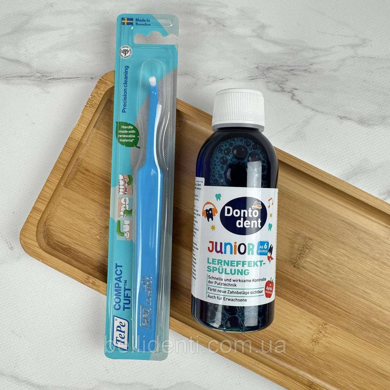 Набір для дітей від 6 років (індикатор нальоту Dontodent Junior, 200 мл+монопучкова щітка TePe Compact Tuft)