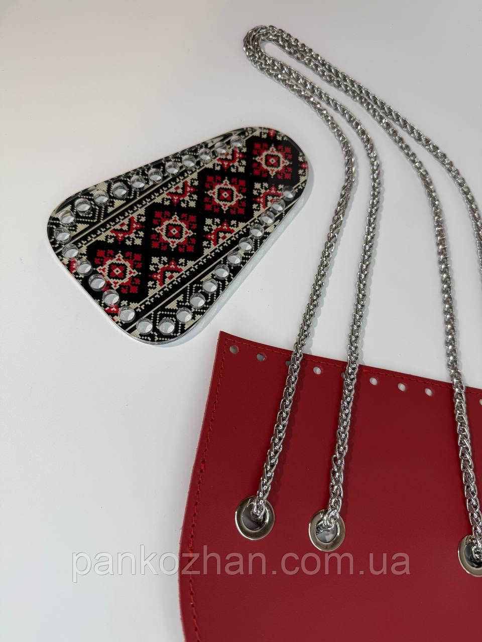 Набір шкіряної фурнітури для сумки МК 10.0, колір червоний, БЕЗ замка, принт вишиванка, фото 1