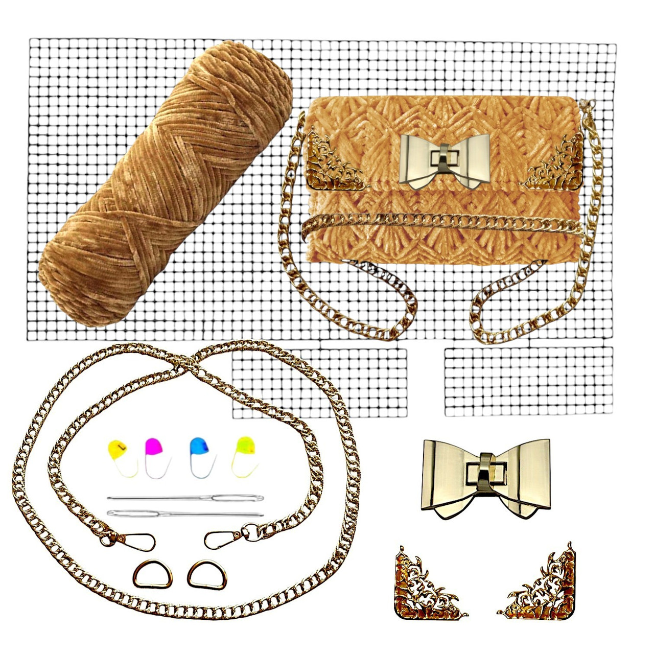 Канва+Замок Бантік+ Нитки коричневі+Куточки для клапана №1 + Ручка-ланцюжок колір золото Набір для сумки з канви, фото 1