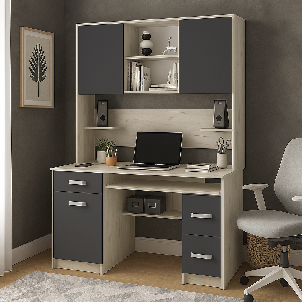 Сучасний стильний прямий комп'ютерний письмовий стіл для ноутбука з двома тумбами і надбудовою Макс 2 ДСП Летро дуб крафт