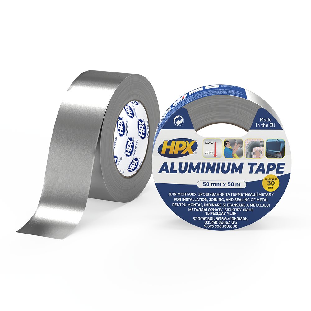HPX AL 120°С 30мкм - 50мм x 50м - високотемпературна алюмінієва клейка стрічка (алюмінієвий скотч), фото 1