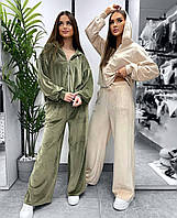 Велюровий костюм жіночий кофта на блискавці з капюшоном і вільні широкі штани 42-44 46-48 50-52