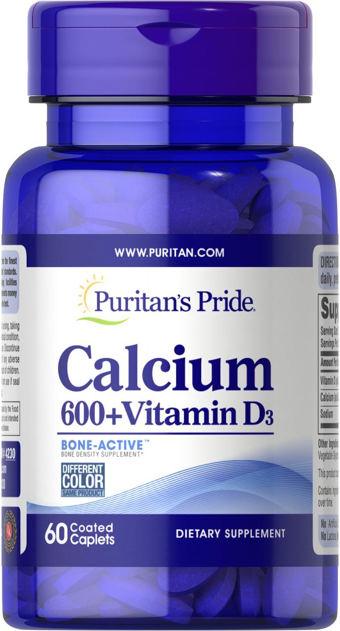 Кальцій карбонат + вітамін D, Calcium + Vitamin D, Puritan's Pride, 600 мг/125 мкг (125 МО), 60 каплет, фото 1