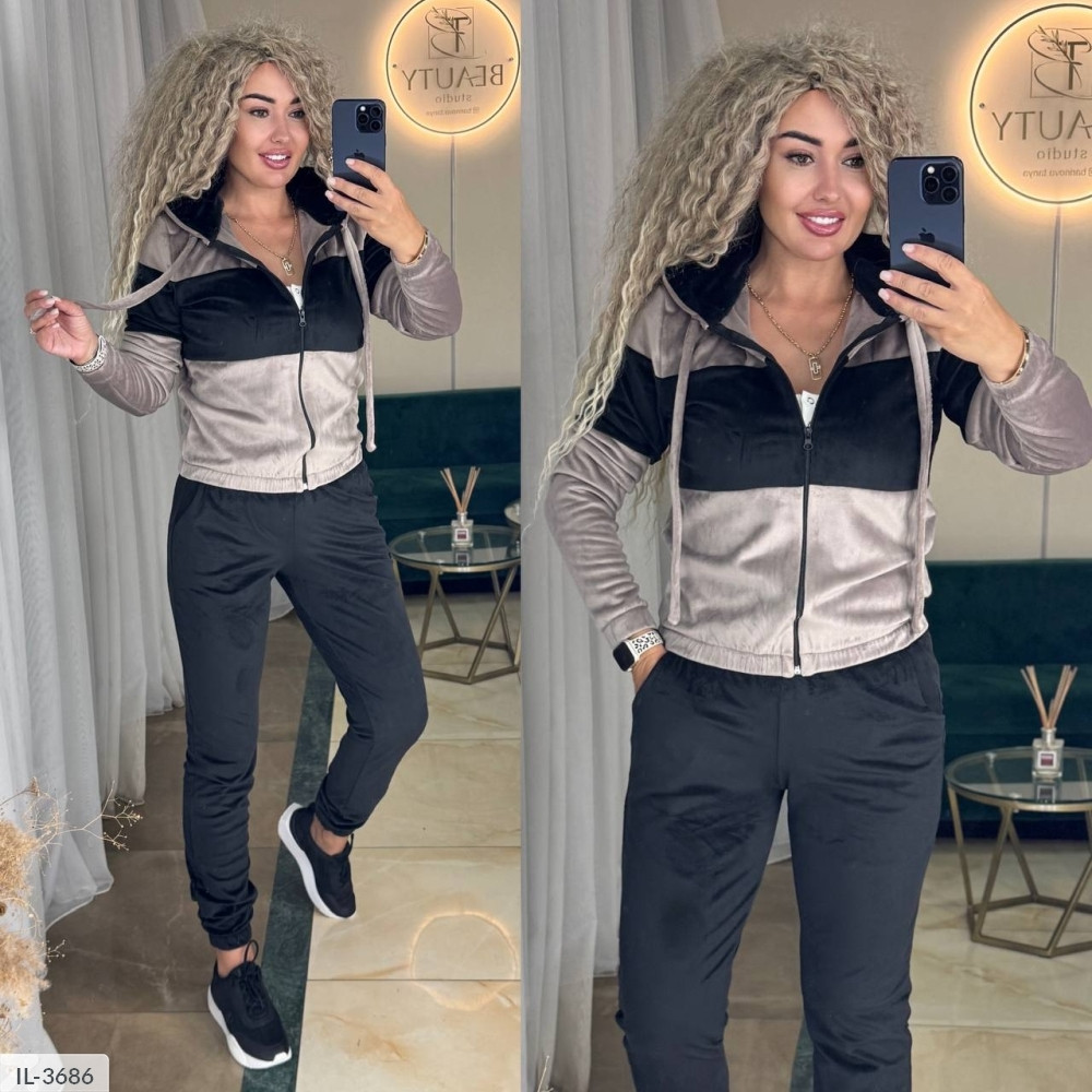 Костюм спортивний жіночий велюровий гарний стильний двоколірний на блискавці з капюшоном осінь-весна