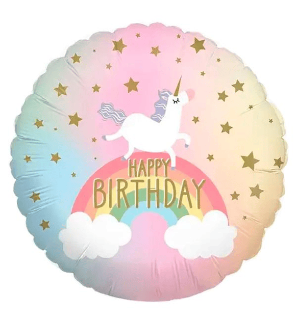 Фольгована кулька круг "Happy Birthday єдиноріг на веселці" 18"(45см) 1шт.