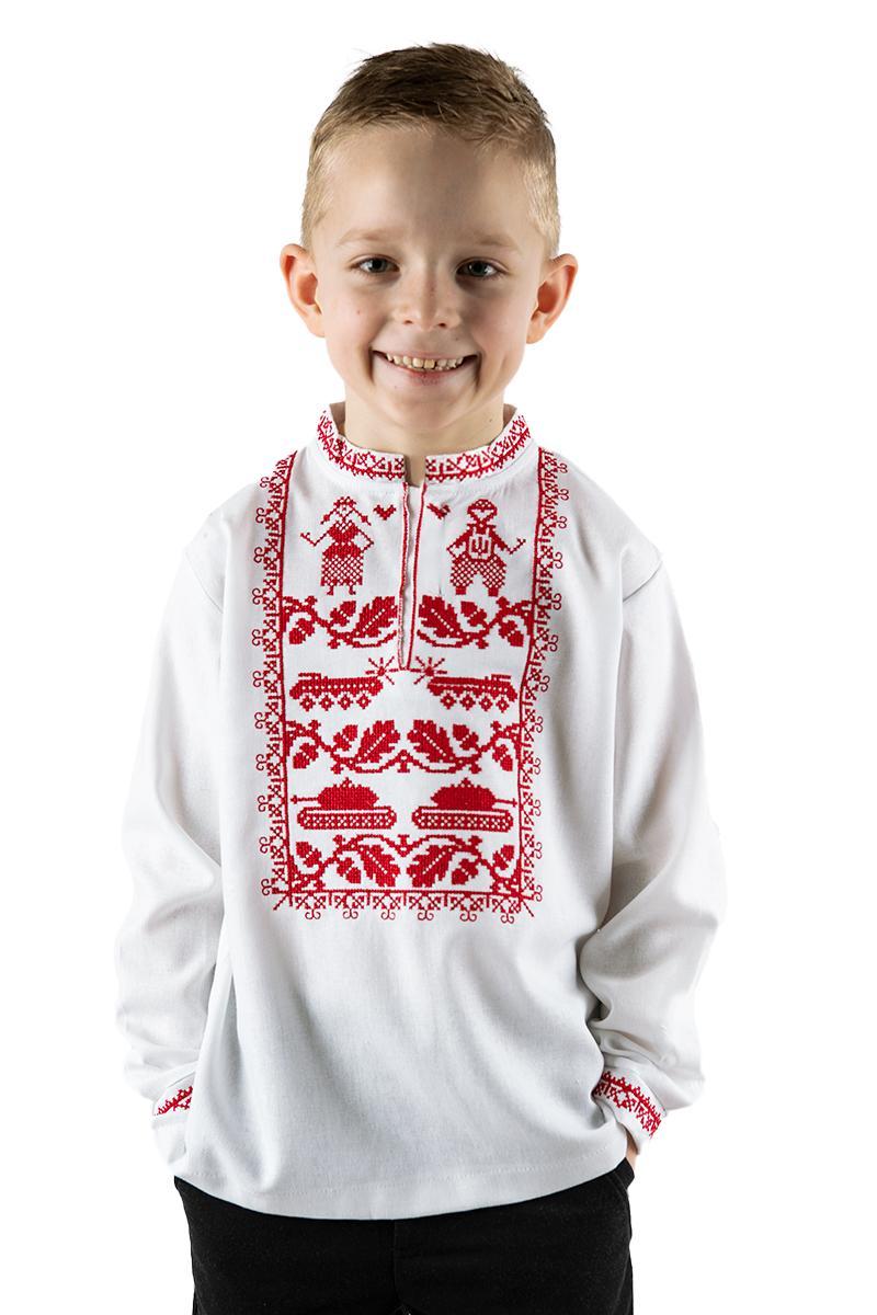 Біла вишиванка для хлопчика з червоною символічною вишивкою пара орнамент довгий рукав 110 164