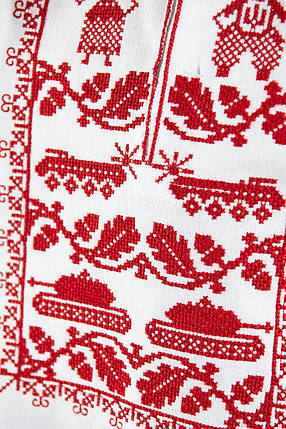 Біла вишиванка для хлопчика з червоною символічною вишивкою пара орнамент довгий рукав 110 164, фото 2