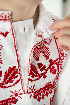 Біла вишиванка для хлопчика з червоною символічною вишивкою пара орнамент довгий рукав 110 164, фото 3