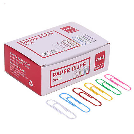 Скріпки Deli E39716 мікс 33мм, круглі, кольорові, 100шт/упаковка, Набір скріпок, Скріпки кольорові, фото 1