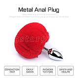 Анальна пробка із заячим хвостиком, Металева пробка з Червоним хутром, Анальний стимулятор, Інтимні іграшки, фото 3