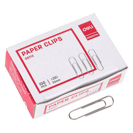 Скріпки Deli 39712 33мм круглі, нікель 100штук, картон упаковка, фото 1