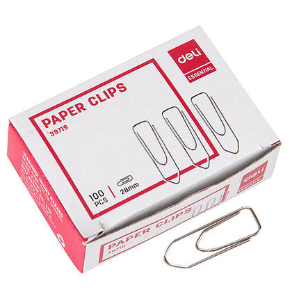 Скріпки Deli E39719 28мм, трикутні, нікель, 100шт картон упаковка, фото 1