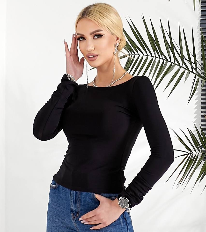 Жіночий лонгслів класичний однотонний Leliss футболка з довгим рукавом чорна віскоза, фото 1