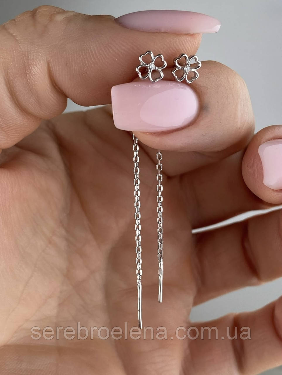 Срібні сережки-протяжки квіточки, фото 1