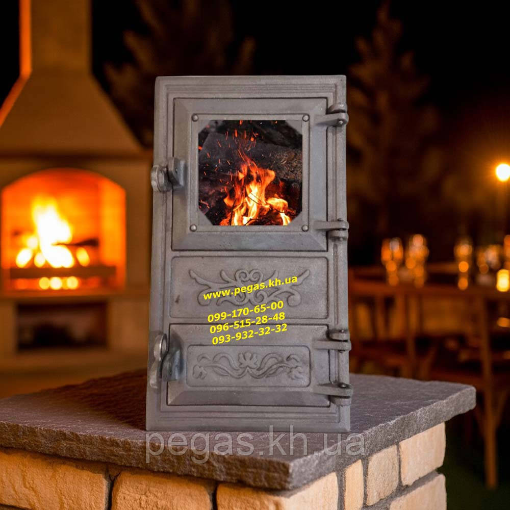 Дверцята дверца чавунна з жароміцним склом на барбекю, піч, мангал, тандир, грубку, фото 1