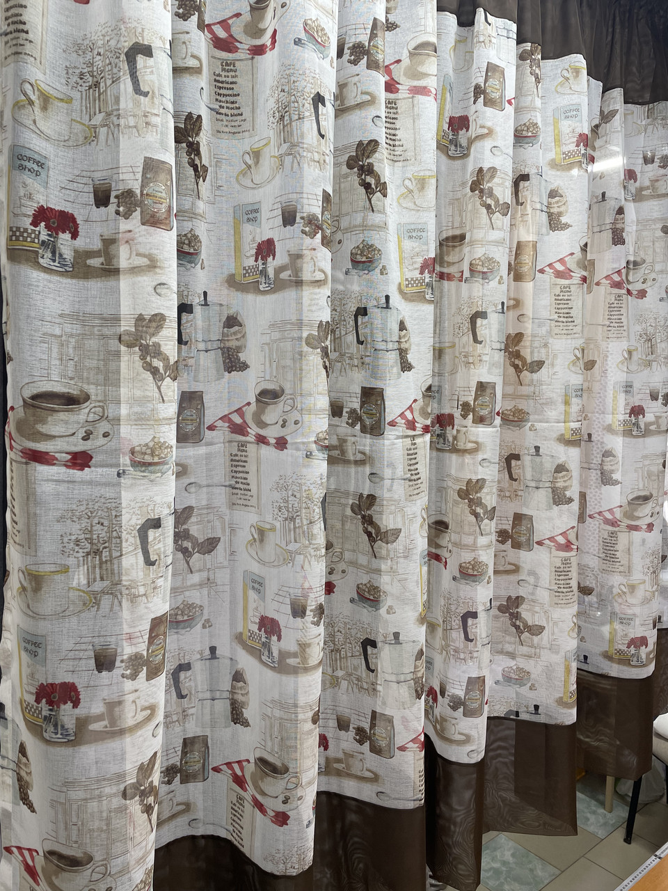 Тюль кухня 3 м х 1,70 льон із декоративними коричневими вставками, фото 1