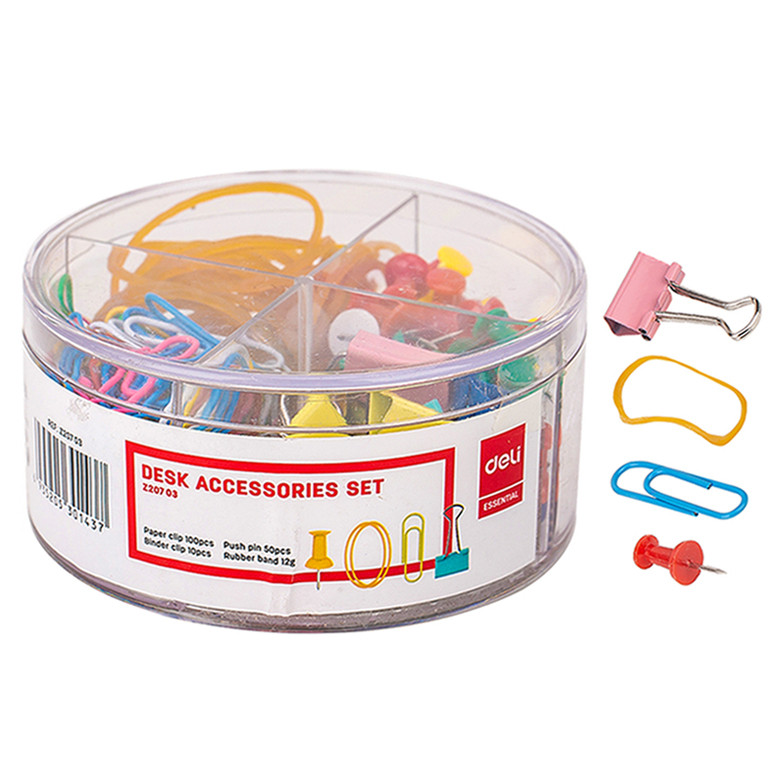 Набiр Deli EZ20703 мiкс (скрiпки,кнопки,затискачі, гумки), пластикова коробка, Набір для офісу