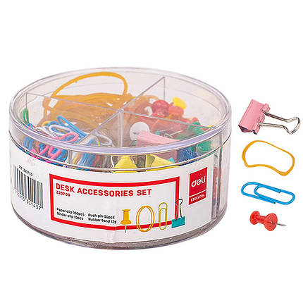 Набiр Deli EZ20703 мiкс (скрiпки,кнопки,затискачі, гумки), пластикова коробка, Набір для офісу, фото 1