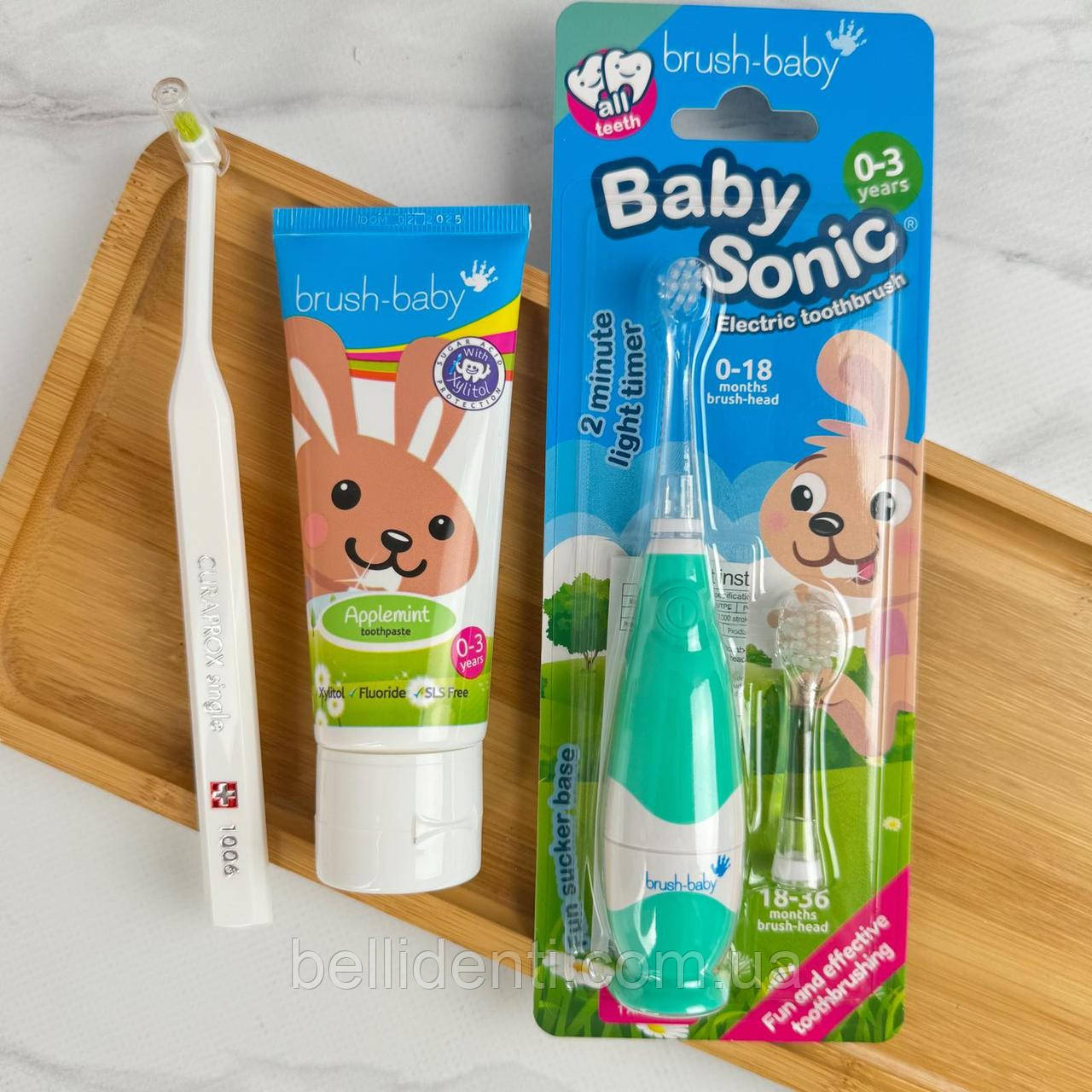 Набір для перших зубів від 0 до 3 років (паста Brush-Baby зайчик, 50 мл+монопучкова щітка Curaprox 1006, електрична Brush-Baby