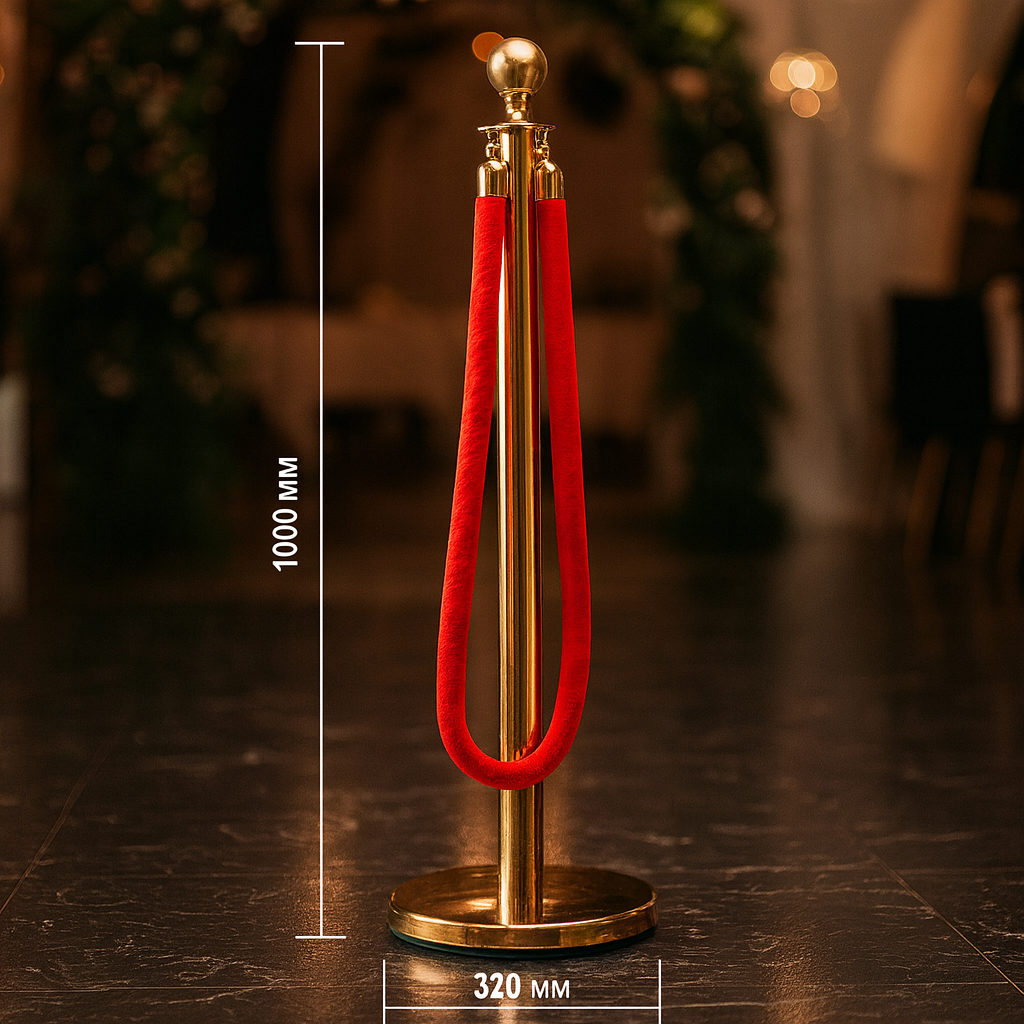 Стійка огорожі золота з червоним велюровим канатом 1.5 м, 100×32 см для червоної доріжки, фото 1